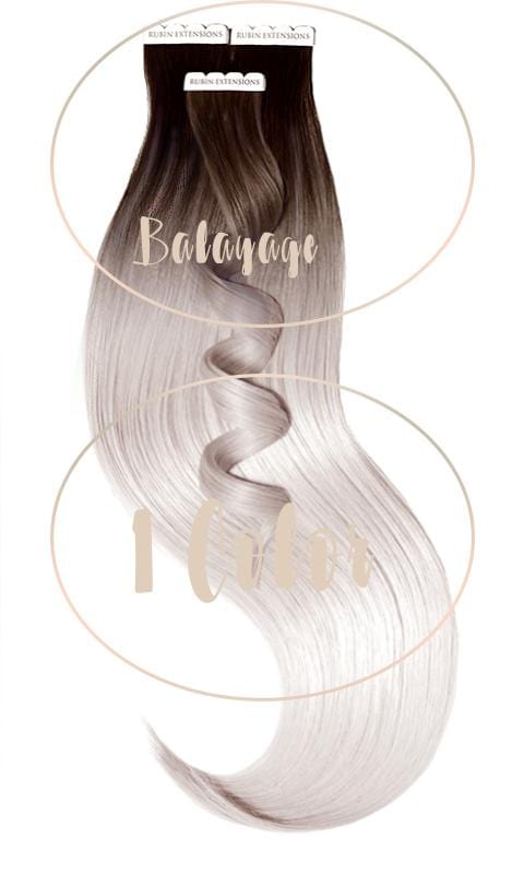 Tape-in Extensions Sombre-Balayages, Schoko-Dunkelbraun & Silberblond